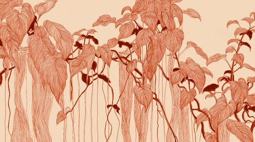 Papier peint feuillage linéaire Motifs de feuilles en rouge sur fond doux