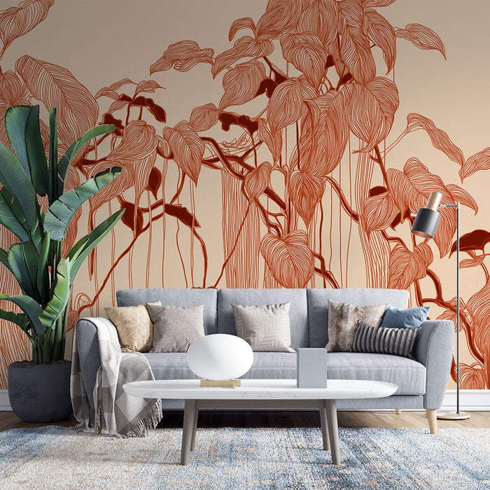 Un salon contemporain avec un papier peint aux motifs de feuilles stylisées en rouge sur fond beige, créant une atmosphère chaleureuse et accueillante.