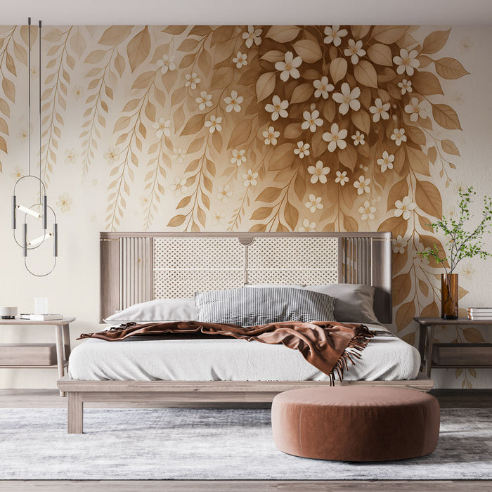 Papier peint feuillage marron | Tombée de feuilles et fleurs blanches