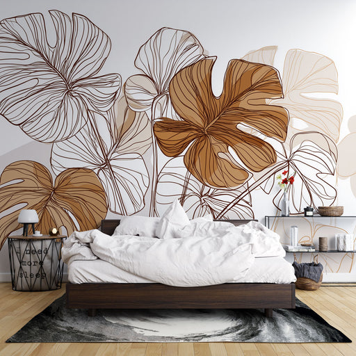 Une chambre moderne avec un papier peint représentant des feuilles tropicales aux lignes délicates et aux teintes chaudes, créant une ambiance apaisante et naturelle.
