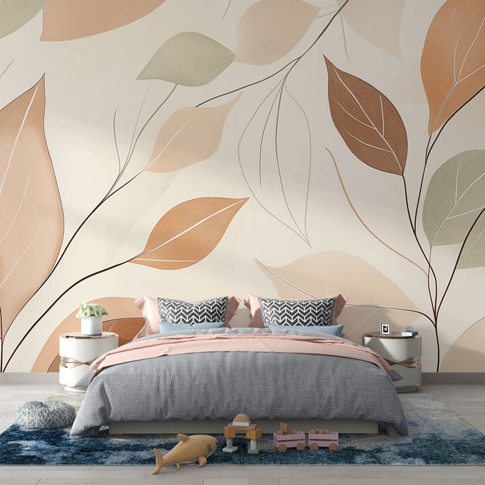 Papier peint feuillage minimaliste avec feuilles aux teintes douces sur fond clair pour chambre moderne