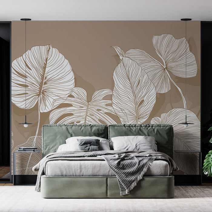 Papier peint feuillage minimaliste | Feuilles blanches sur fond beige