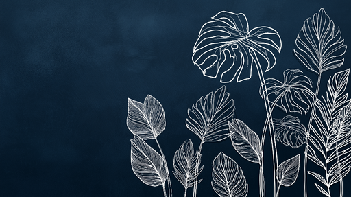 Papier peint feuillage minimaliste Feuilles blanches sur fond bleu nuit