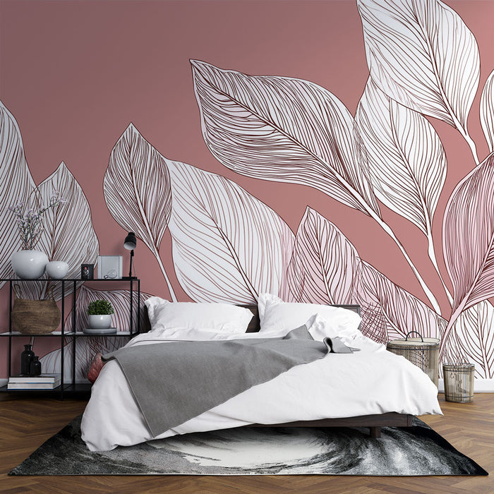 Une chambre moderne avec un papier peint rose pâle orné de grandes feuilles blanches aux lignes délicates, créant une atmosphère douce et apaisante.