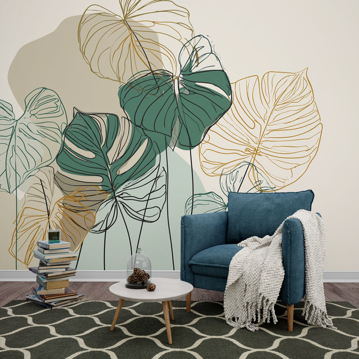 Un salon moderne avec un papier peint représentant de grandes feuilles tropicales en vert et or, créant une atmosphère apaisante et naturelle.