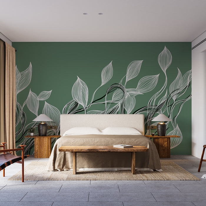 Papier peint feuillage minimaliste | Motifs de feuilles en blanc sur fond vert