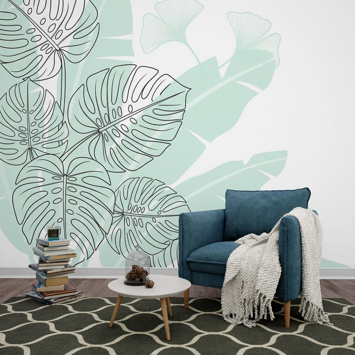 Une pièce moderne avec un papier peint tropical vert pâle illustrant de grandes feuilles de monstera en contour noir, créant une ambiance fraîche et apaisante.