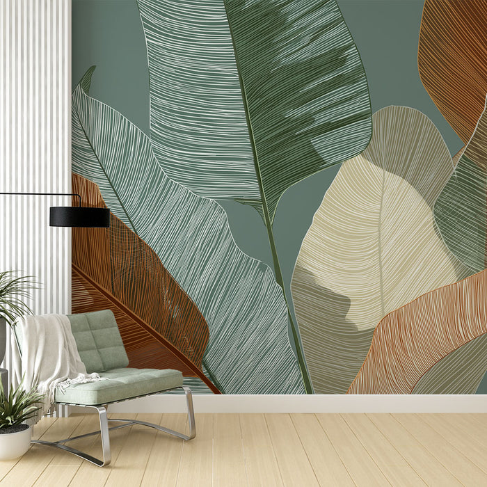 Papier peint feuillage moderne | Feuilles aux couleurs douces sur fond apaisant