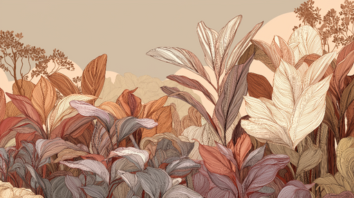 Papier peint feuillage moderne Feuilles aux couleurs terre et traits délicats