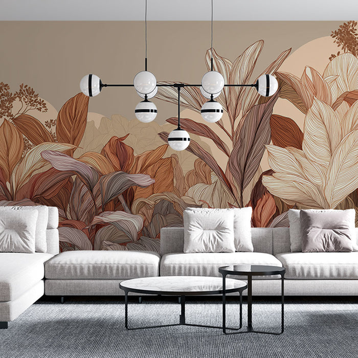 Un salon moderne avec un papier peint aux motifs de grandes feuilles dans des teintes chaudes de beige, brun et terracotta, créant une ambiance naturelle et chaleureuse.