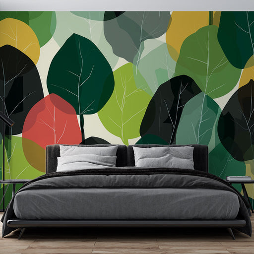 Une chambre moderne avec un papier peint représentant des feuilles stylisées aux teintes vertes, rouges et jaunes, créant une atmosphère naturelle et apaisante.