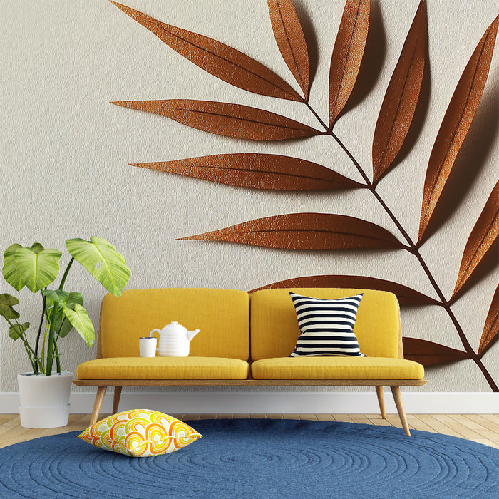 Papier peint feuillage moderne | Feuilles marron sur fond texturé clair