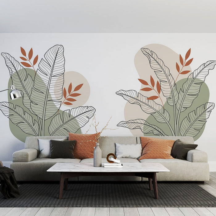 Un salon moderne avec un papier peint tropical illustrant de grandes feuilles stylisées en noir et des formes douces dans des teintes vertes et terracota.