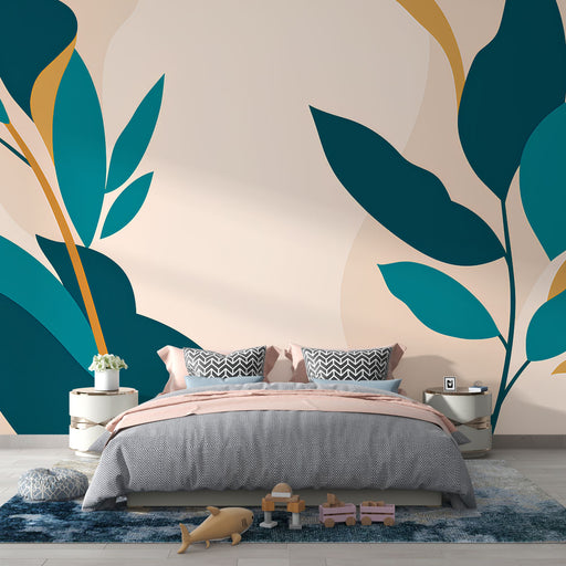 Une chambre moderne avec un papier peint aux motifs de grandes feuilles stylisées en vert et or sur fond beige, créant une atmosphère apaisante et naturelle.