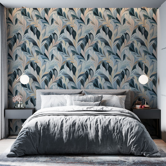 Une chambre moderne avec un papier peint aux motifs de feuilles stylisées dans des teintes de bleu et beige, créant une atmosphère apaisante et élégante.