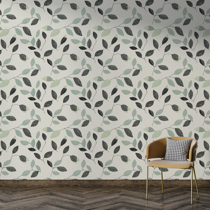 Une pièce moderne avec un papier peint aux motifs de feuilles délicates en noir et vert d'eau sur fond clair, créant une ambiance naturelle et apaisante.