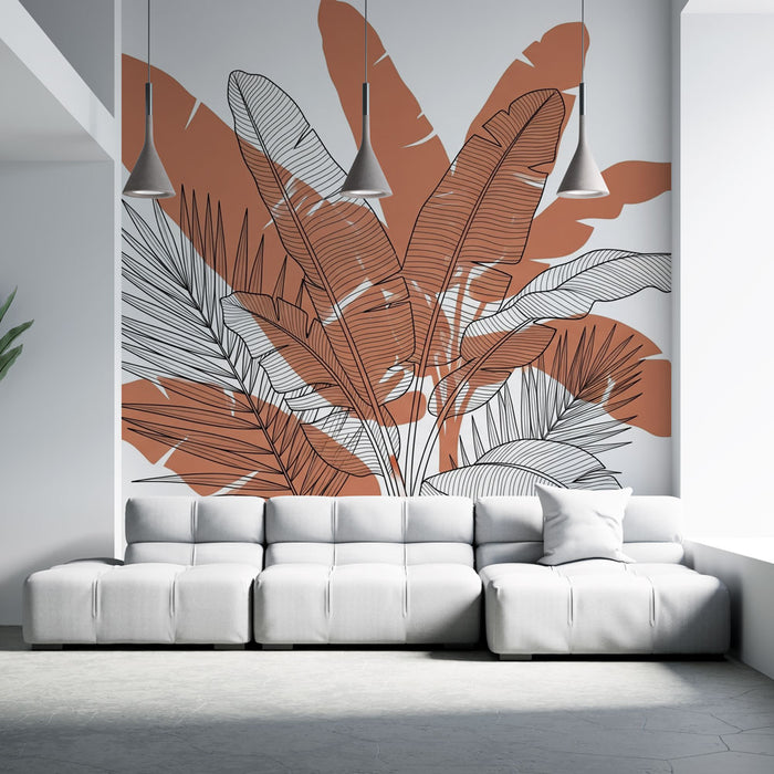 Un salon moderne avec un papier peint tropical représentant de grandes feuilles stylisées en terracotta et noir sur fond clair, créant une atmosphère chaleureuse et accueillante.