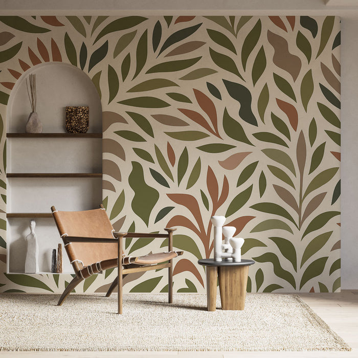 Une pièce moderne avec un papier peint aux motifs de feuillage stylisé dans des teintes de vert, terracotta et beige, créant une ambiance chaleureuse et naturelle.