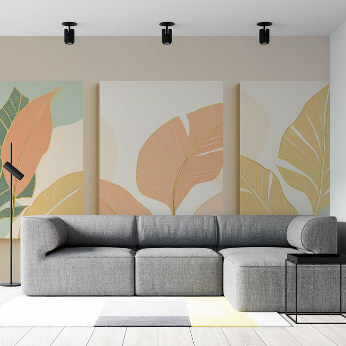 Papier peint feuillage moderne | Motifs de feuilles stylisées en couleurs douces