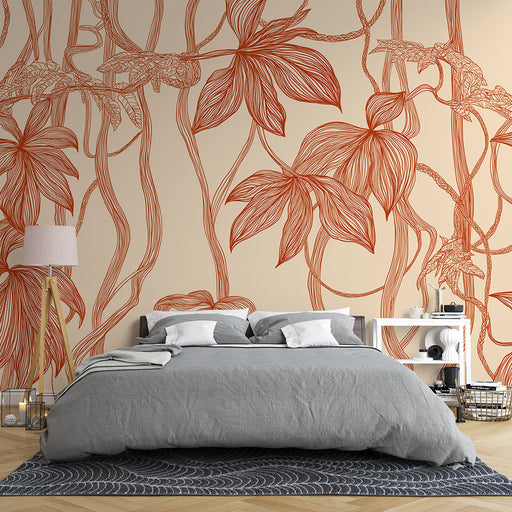 Une chambre moderne avec un papier peint floral aux lignes délicates en rouge sur fond beige, créant une ambiance chaleureuse et accueillante.