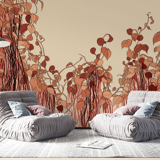 Une pièce moderne avec un papier peint aux motifs floraux stylisés dans des teintes chaudes de rouge et beige, créant une atmosphère chaleureuse et accueillante.