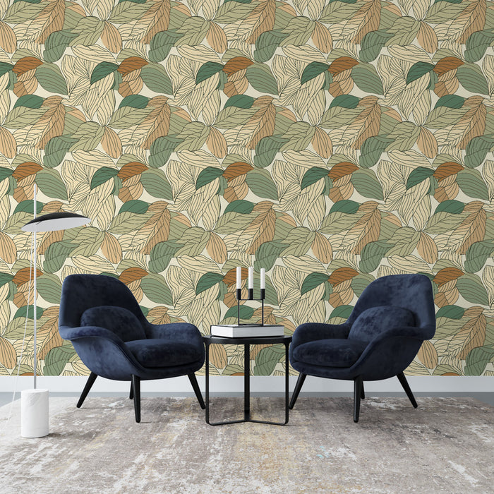 Un salon moderne avec un papier peint aux motifs de feuilles stylisées dans des teintes vertes, brunes et beiges, créant une ambiance naturelle et chaleureuse.