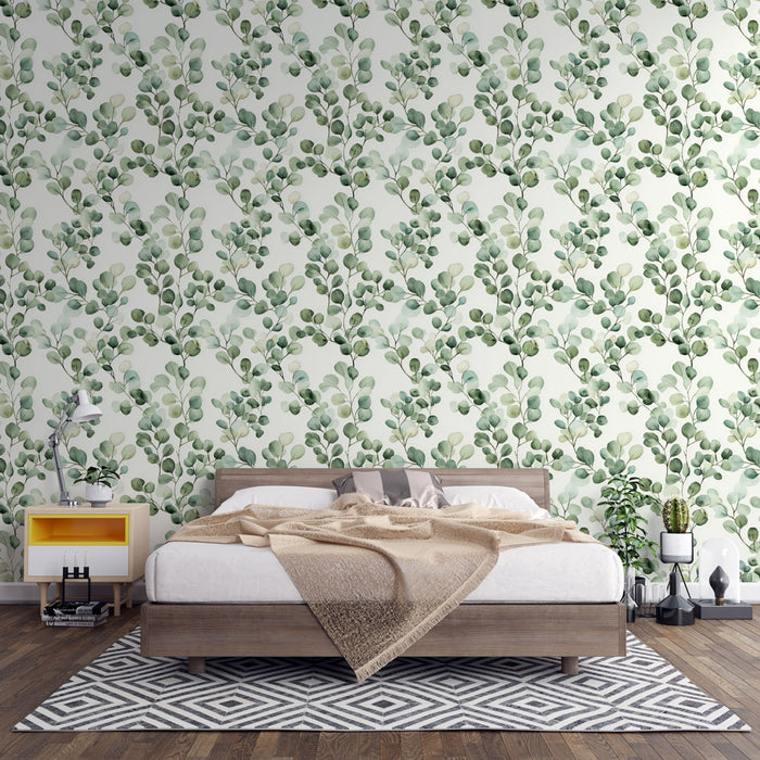 Une chambre moderne avec un papier peint floral représentant des feuillages délicats dans des teintes vertes sur fond clair, créant une ambiance apaisante et naturelle.