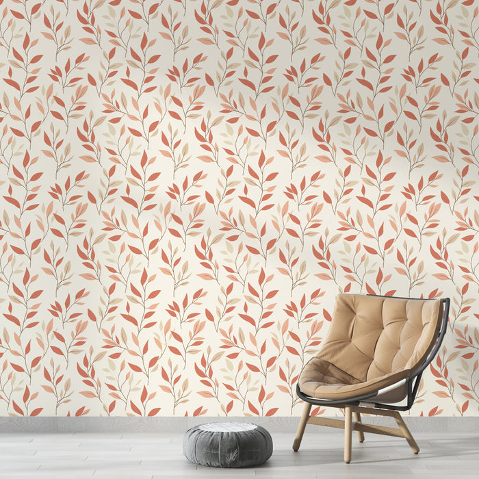 Une pièce moderne avec un papier peint floral beige et terracotta aux motifs de feuilles délicates, créant une atmosphère chaleureuse et accueillante.
