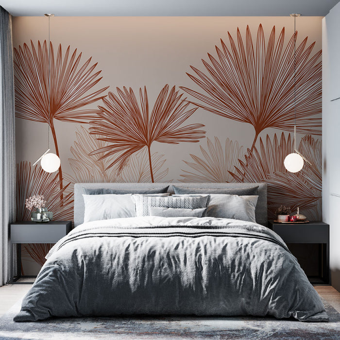 Une chambre moderne avec un papier peint représentant de grandes feuilles de palmier en lignes cuivrées sur fond clair, créant une atmosphère élégante et apaisante.