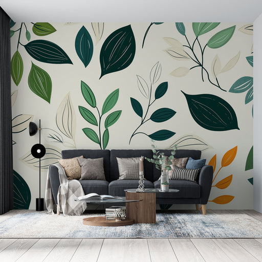 Papier peint feuillage élégant avec motifs de feuilles variées sur fond clair pour salon moderne.