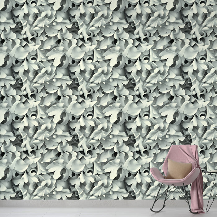 Une pièce moderne avec un papier peint texturé en relief aux motifs organiques dans des teintes douces de gris et blanc, créant une ambiance élégante et apaisante.