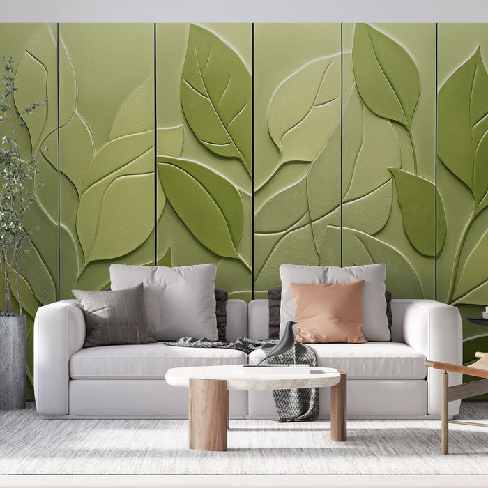 Un salon moderne avec un papier peint texturé vert clair représentant des feuilles en relief, créant une atmosphère apaisante et naturelle.