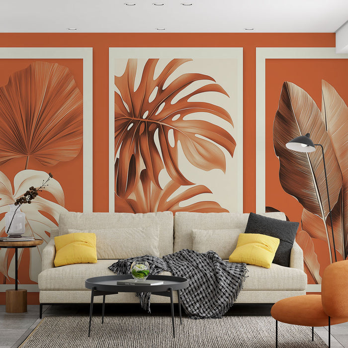 Papier peint feuillage | Motifs de feuilles stylisées sur fond orange