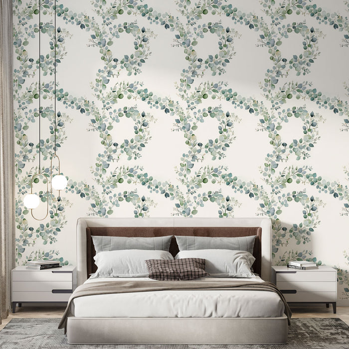 Une chambre moderne avec un papier peint floral aux motifs de couronnes de feuillage vert et bleu sur fond clair, créant une ambiance fraîche et apaisante.