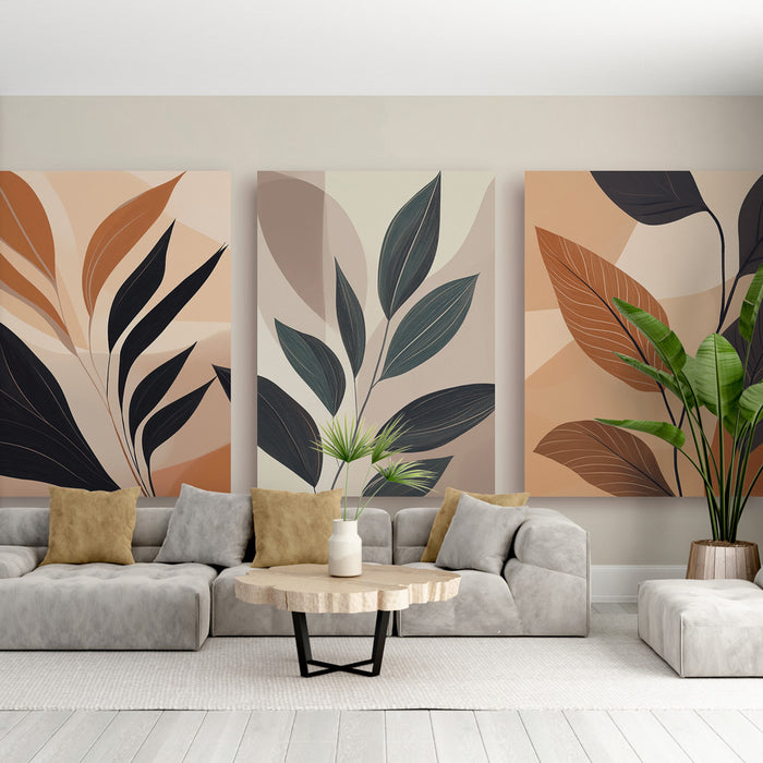 Un salon moderne avec un papier peint abstrait aux motifs de feuilles dans des teintes chaudes et naturelles, créant une ambiance chaleureuse et accueillante.