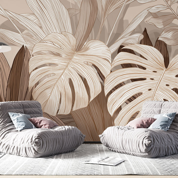 Papier peint feuillage naturel | Motifs de feuilles en tons neutres