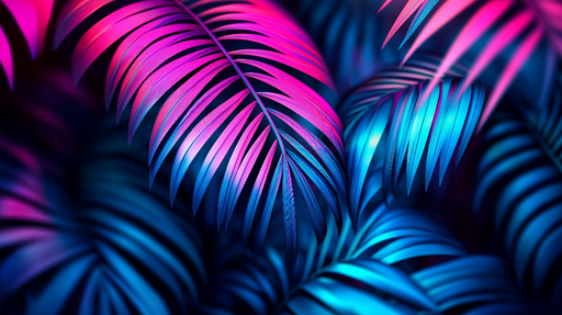 Papier peint feuillage néon Feuilles vibrantes sur fond sombre