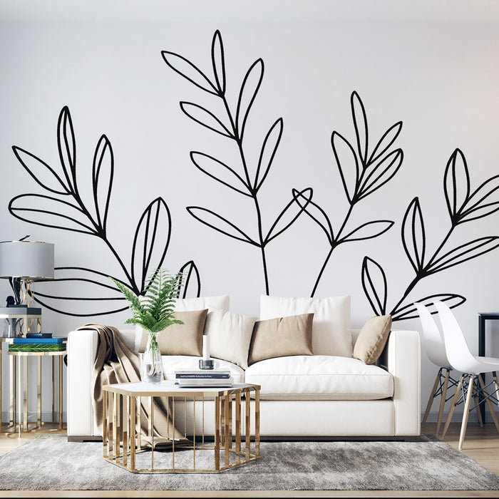 Papier peint feuillage noir et blanc | Branches minimalistes