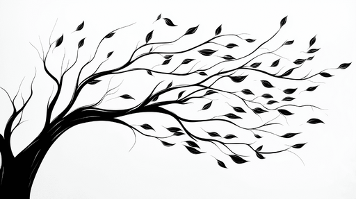 Papier peint feuillage noir et blanc Dessin d'un arbre face au vent