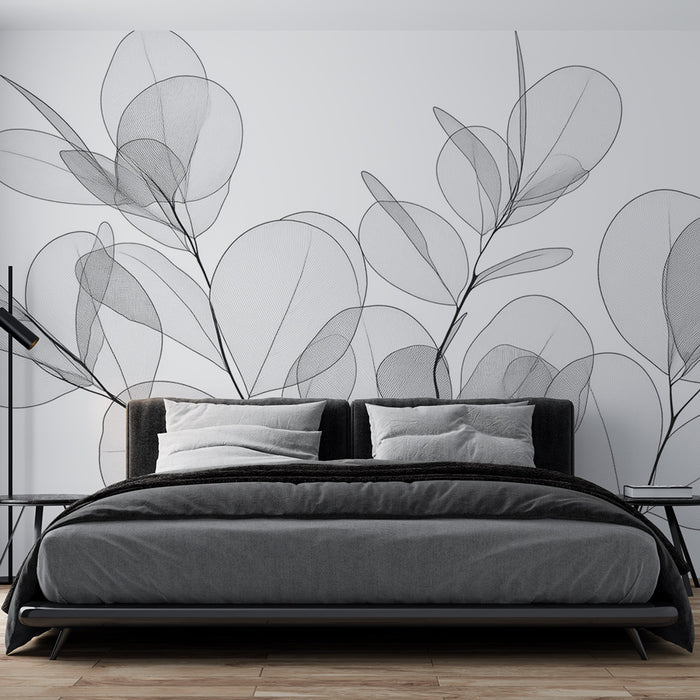 Papier peint feuillage noir et blanc | Eucalyptus en transparence