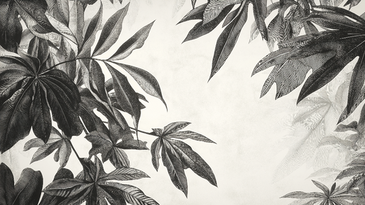 Papier peint feuillage noir et blanc Feuilles délicates sur fond texturé crémeux