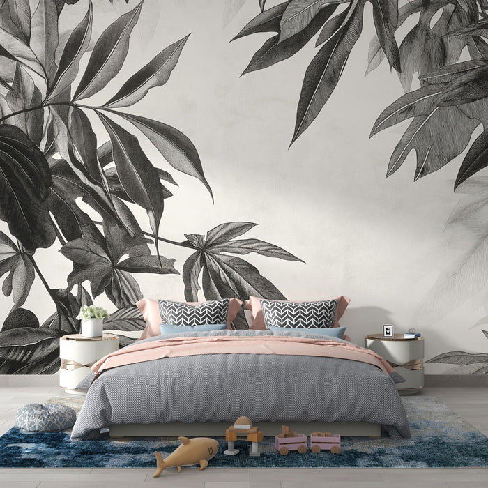 Une chambre moderne avec un papier peint monochrome représentant des feuilles délicates sur fond clair, créant une atmosphère élégante et apaisante.