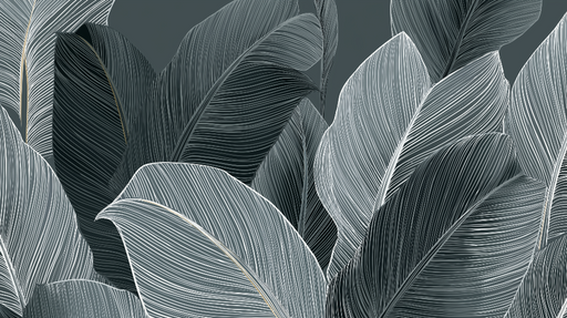 Papier peint feuillage noir et blanc Feuilles stylisées sur fond gris profond