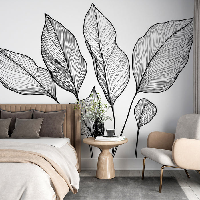 Papier peint feuillage noir et blanc | Feuilles tropicales minimalistes