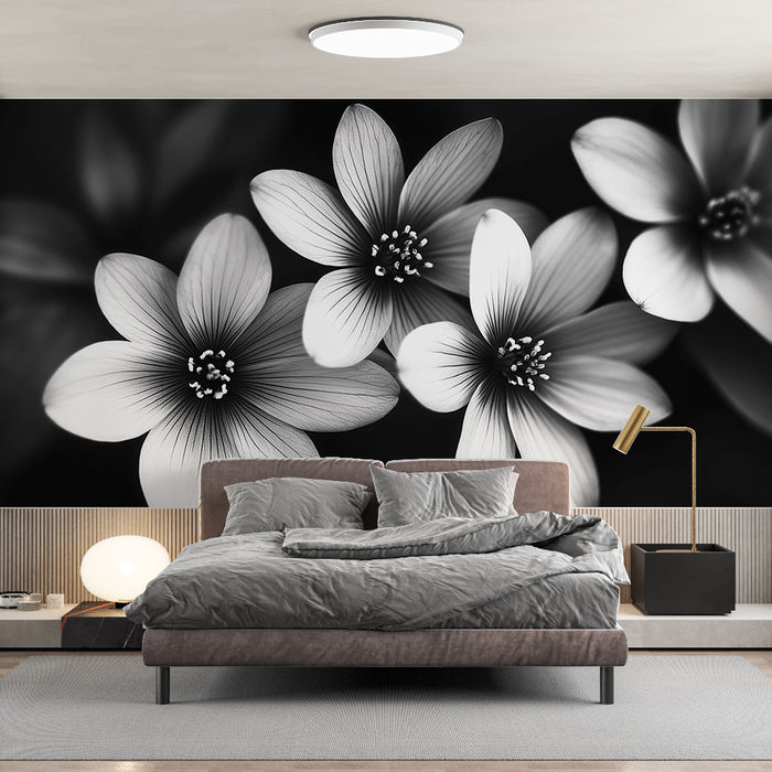 Papier peint feuillage noir et blanc | Fleurs en monochrome