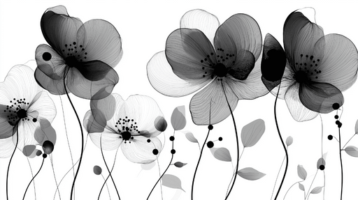 Papier peint feuillage noir et blanc Fleurs en transparence