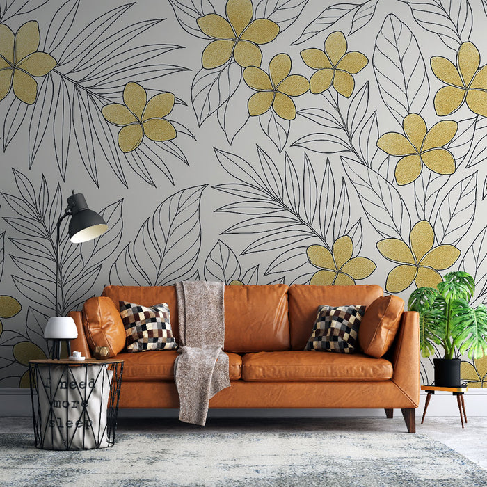 Papier peint feuillage noir et blanc | Fleurs exotiques et feuillage en line art