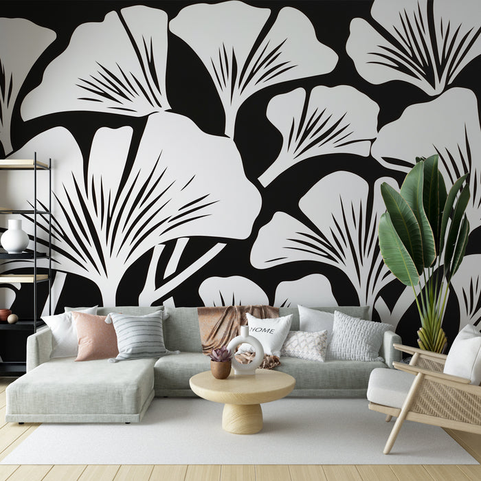 Papier peint feuillage noir et blanc | Ginkgo blancs sur fond noir