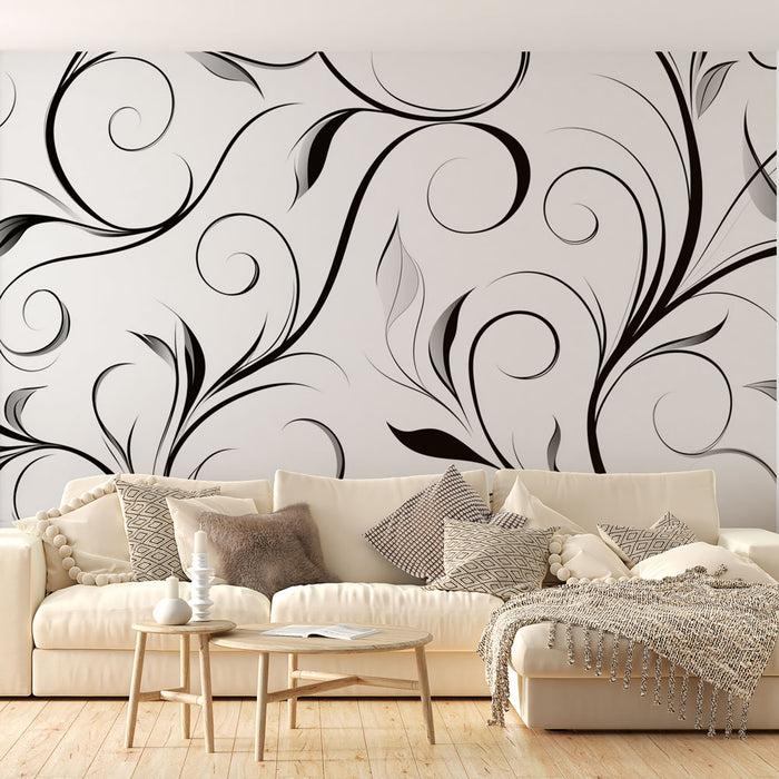 Papier peint feuillage noir et blanc | Motifs floraux en spirale