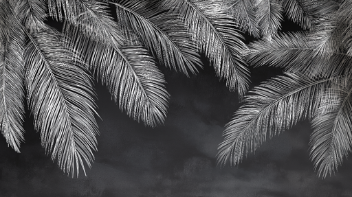 Papier peint feuillage noir et blanc Palmiers délicats sur fond sombre